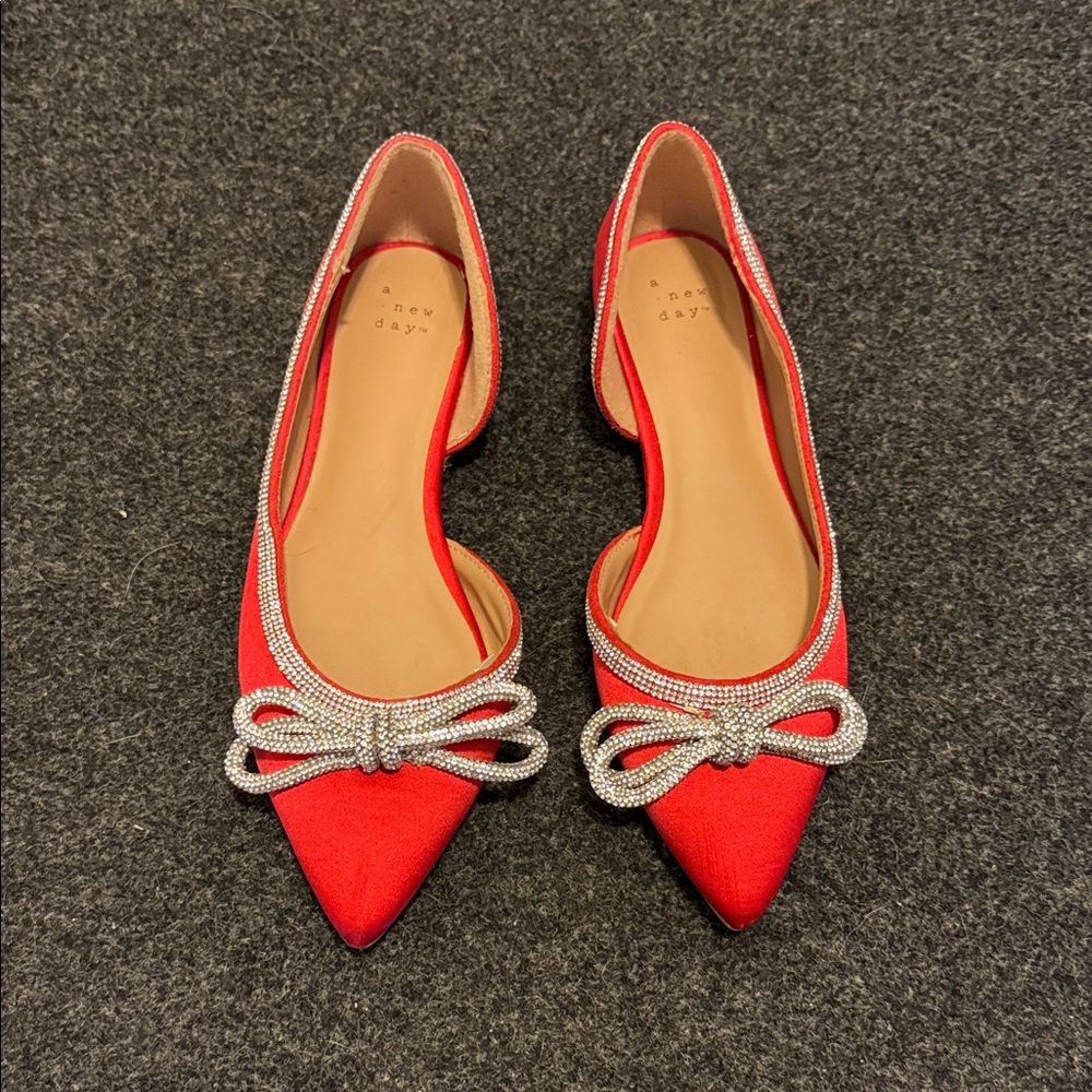 A New Day Red Flats with Silver Bow Detail